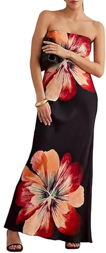 LYSINK Womens Flower Strapless Maxi Dress Y2k Cute Floral Long Bodyocn Tube Top Bandeau Dress for Formal Cocktail (02 Black, M)
