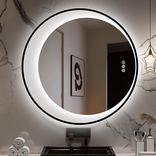 STARLEAD Specchio Bagno Rotondo LED con Bluetooth, 80cm Specchio Mezzaluna Antiappannamento, Bordo Nero Senza Cornice, Dimmerabile 3 Colori, Funzione Memoria, Vetro Temperato HD, IP44