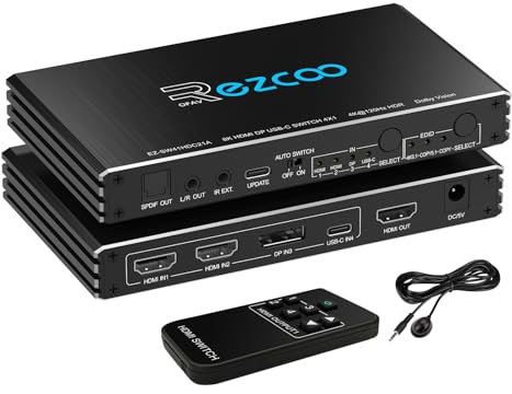4K@120Hz HDMI 2.1 Switch 4x1 USB C DP1.4 4-Port Switcher with Audio Extractor(Optical & 3.5mm Out) VRR ALLM HDCP 2.3 HDR Dolby Vision/Atmos Optical Audio for PS5, Xbox, Gaming, Remote Contorl IR