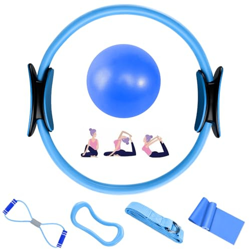 Aischens Set de Anillo de Pilates - 6 Piezas, Kit de Pilates en Casa, Círculo Mágico, Aro de Pilates, Pelota y Bandas Elásticas, Kit de Entrenamiento Accesorios para Ejercicios de Yoga (Azul)