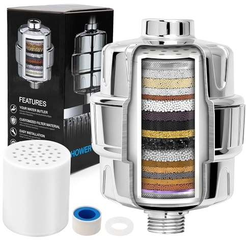 Filtro de Ducha Universal de 20 Etapas, Filtro de Ducha En Línea con 2 Cartuchos, Filtro Ducha Antical, Repelente de Agua Y Suciedad, Elimina el Cloro y El Flúor