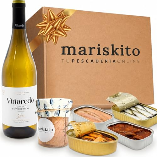 MARISKITO | Caja Regalo Gourmet - Vino Godello y 5 Conservas Gallegas – Pack Delicatessen con Mejillones, Sardinillas, Zamburiñas, Bonito y Ventresca de Atún – Lote Navidad, Empresas y Celebraciones