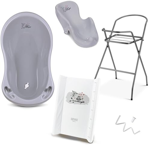 Babybadewanne mit Ständer 5 Set TÜV Rheinland geprüft - Babybadewanne + Baby Badewannensitz + Wickelauflage + Gestell + Abfluss
