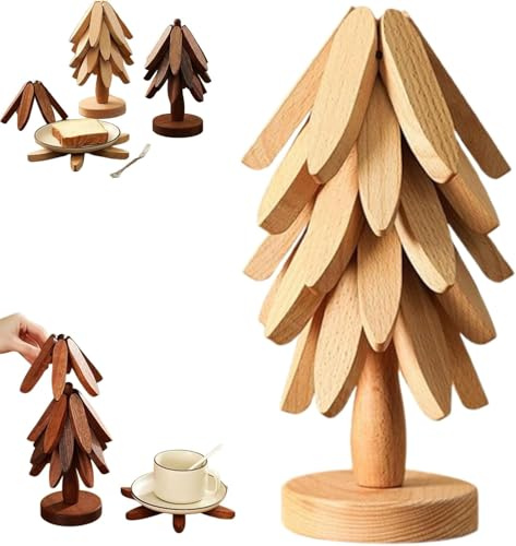2026 Neu Holz Weihnachtsbaum Untersetzer Set, Holz Untersetzer und 1 Ständer wie EIN Weihnachtsbaum für Heiße Schüssel, Topf, Schüssel, Teekanne, Hot-Pot-Set (Hellbraun, 5PCS)