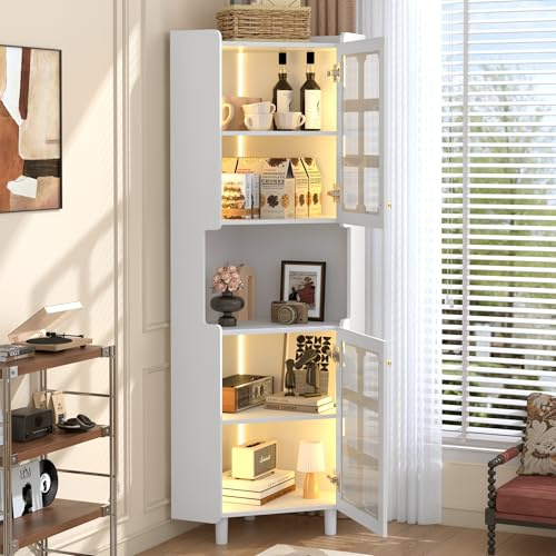 Lcoho Armadio angolare bianco con rivestimento laccato e illuminazione a LED, mobile angolare multifunzionale per soggiorno, libreria, bagno, camera da letto, sala da pranzo, pannello MDF laccato