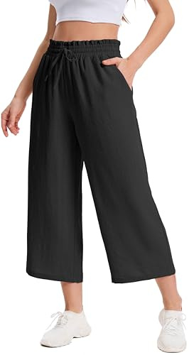 WUWUSKY Pantalon 3/4 Femme Taille Haute Capri Pantacourt Femme Été Fluide Léger Respirant pour Travail Décontracté avec Poches