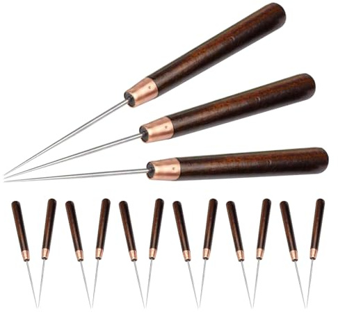 Generico Kit Punteruoli per Punzonatura Artigianale 15 Pezzi con Manico in Legno Massiccio, Punteruolo per Cucire Scarpe e Lavorazione del Legno, Perforatrice Manuale Multiuso per Progetti
