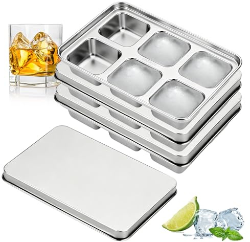 Lot de 3 Bac à Glaçons Inox, Grande Bac à Glacons avec Couvercle, 6 Compartiments, Bac Glacons Métal, Démoulage Facile, Sans BPA, Idéal pour Cocktails, Whiskey et Congélateur