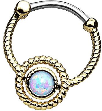 Piersando Piercing Scharnier Clicker Ring Schild Tribal mit Doppel Opal Stein Vintage Septum für Tragus Helix Ohr Nase Lippe Brust Intim Gold