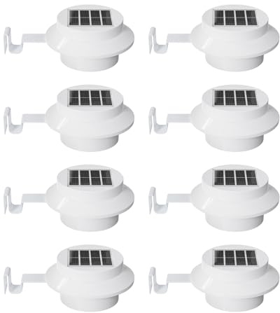8 Pack White Solar Powered Gutter Lights Outdoor Decorative Waterproof Led Fence Lamp for Lighting Railing, Outside Wall, Deck, Garden, Path, Backyard, Sidewalk, Yard, Patio, No Drilling Installation