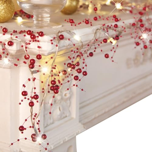 Collections Etc Indoor Christmas Decorations, Festive Lighted Berry Beaded Garland Red- 120 L