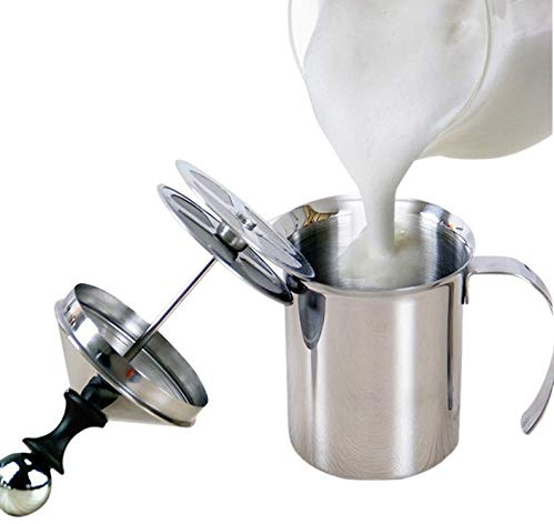 HERCHR 800ml Montalatte, schiumalatte in acciaio inox doppia rete manuale, Pompa Schiuma Latte per Cappuccino e Caffè