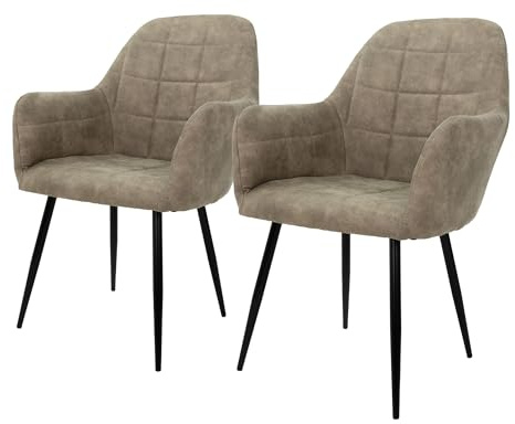 ECD Germany Juego de 2 Sillas de Comedor con Respaldo y Reposabrazos 58x60x84cm Asiento Tapizado Imitación de Cuero Color Verde/Gris Oliva Diseño Nórdico con Patas de Metal para Cocina Sala de Estar