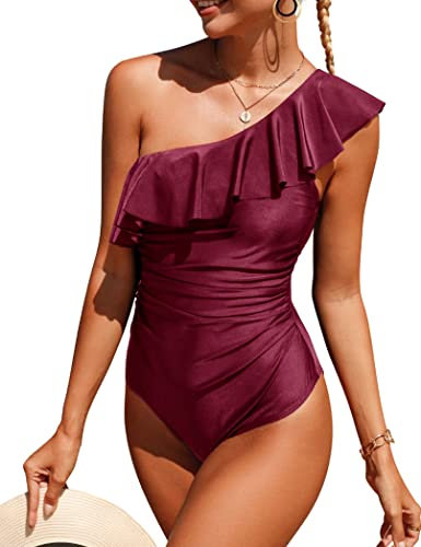 Xnova Estivo Costume Intero da Bagno Donna con Una Spalla, Costumi Interi Piscina Contenitivi Pancia Piatta, Backless Vintage Swimsuit Sportivo Swimwear Beachwear(Rosso, S)