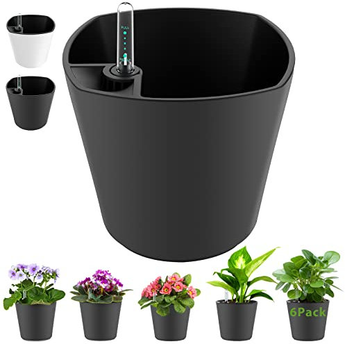 Self Watering Planters for Indoor Outdoor Plants 7 inch Flower Pot with Water Level Indicator Grey 6 Pack African Violet Self Watering Pots for All Orchid agave etc. House Plant Plastic Planter
