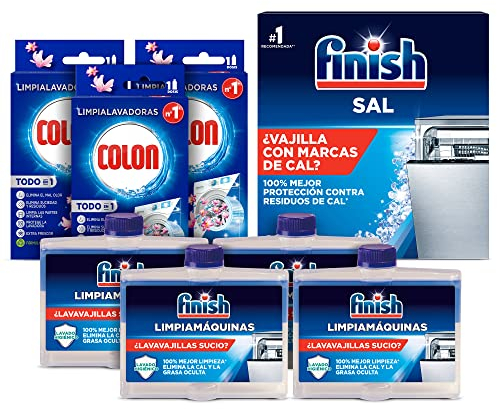 Finish Sal Lavavajillas 2kg + 3 Colon Limpialavadoras + 4 Finish limpiamáquinas lavavajillas, pack aditivos lavaplatos y lavadora