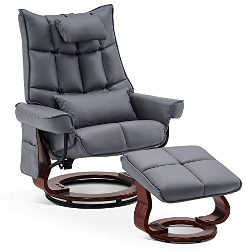 M MCombo Relaxsessel mit Hocker, Drehbare Fernsehsessel mit Liegefunktion, Moderner TV-Sessel Stuhl für Wohnzimmer, mit Kissen & Seitentasche, Mikrofaser in Lederoptik, 9076 (Blaugrau)