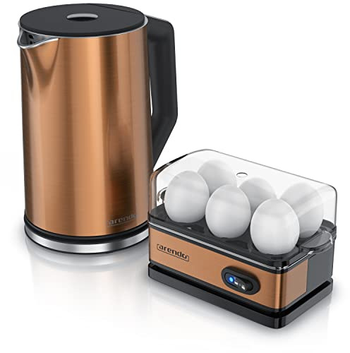 Arendo - SET Wasserkocher ELEGANT mit Eierkocher THREECOOK Edelstahl Kupfer, Wasserkocher 1,5L, 40° - 100°C, Warmhaltefunktion, Eierkocher 1-6 Eier, Messbecher