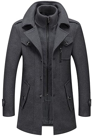 INVACHI Men's Wool Blend Coat Double Collar Trench Coat Single Breasted Overcoat for Autumn Winter