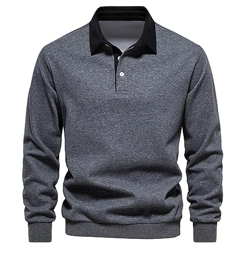 Szshaoye Men's Casual Loose Lapel Long Sleeve Thick Pullover Color Block Tennis Collared Bottom Shirt Elastic Sweater 3 Button Sweatshirt for Men Classic Plain Turn Down Collar Jumper(Dark Gray,M)