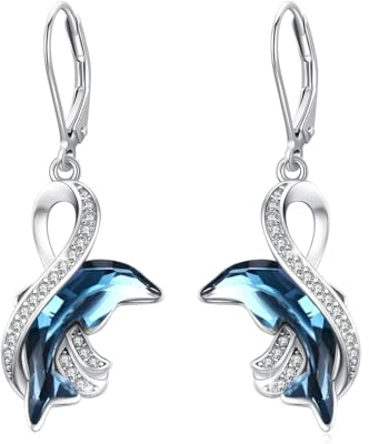 Boucles d'oreilles dauphin en argent sterling - Pour femme - Symbole infini - Bleu - Dauphin - Cristal - Cadeau pour femme, Argent sterling
