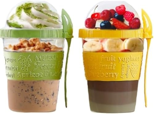 4All Yogurt Pots Reuseable 600ml Overnight Oats container With Lid & Spoon 20oz BPA free Breakfast Pots to GO Cereal On the Go Lunch Oatmeal Jars (Yellow,Green)