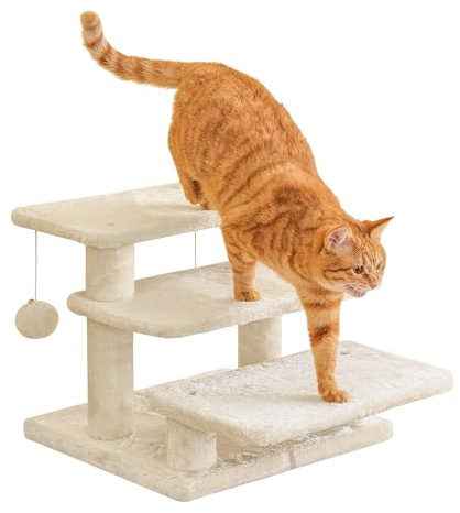 Furcato 15''H Multi-Step Pet Stairs for High Beds & Sofas, 3-Step Cat Stairs with 2 Toy Balls, Wide Boards for Indoor Kittens Dogs Pets Climbing, Beige