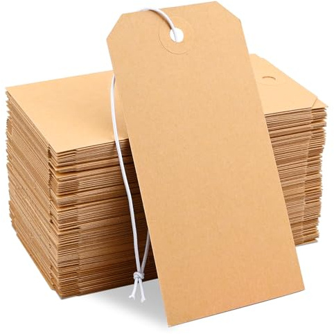 100-pack manila fraktetiketter med elastisk sträng tomma märkningsetiketter med strängar, 4 3/4 tum x 6 3/8 tum