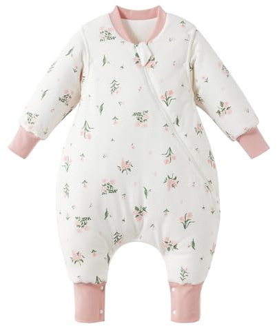 Duomiaomiao Baby Schlafsack mit füßen,100% Baumwolle Baby Kinder winterschlafsack für Mädchen, Baby Jungen 3.5 tog mit Schlafsack, Cartoon-Laub (75cm-Rosa Blumen)