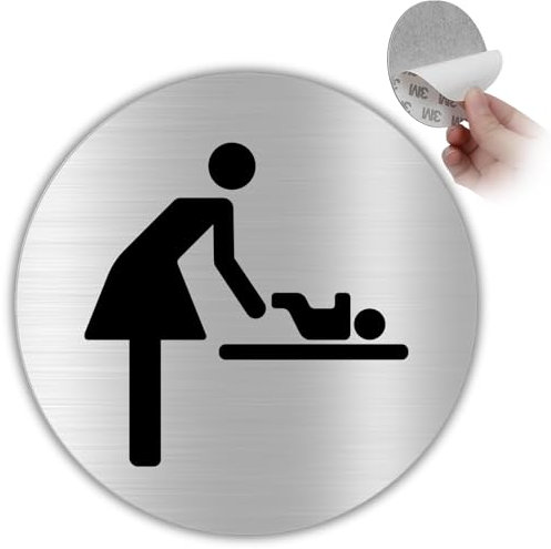 LEIASA Panneau adhésif WC femme avec bébé - Aluminium - Épaisseur 0,6 mm - Diamètre Ø 100 mm - Signalisation de toilettes - Signe bain - Panneau adhésif WC femme avec bébé