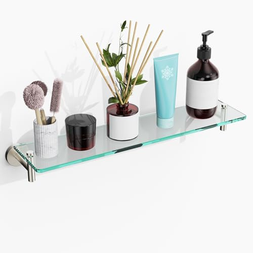 KOCOK Badrumsglashyllor, flytande hylla i borstad nickel, badrumshylla i rostfritt stål, hylla av härdat glas, modern vägghylla, monteringstillbehör