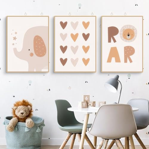 Viusneun Poster Kinderzimmer, 3er Set Bilder Niedliche Elefanten Wandbilder Herz Aesthetic Wandposter Ohne Rahmen Poster & Kunstdrucke für Kinderzimmer und Babyzimmer Deko (40 x 50 cm)