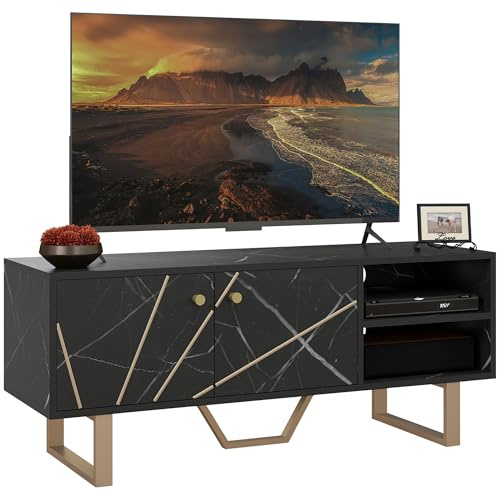 HOMCOM Mobile TV Panca TV Mobile TV per televisore fino a 50 pollici con armadio, ripiano regolabile e passacavi, dim. 110L x 35P x 45H cm finitura marmo nero