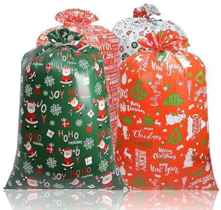 4 Stück Geschenkbeutel Weihnachten Jumbo, Weihnachts-Geschenktüten 142 x 92 cm Extra Große Weihnachtssäcke Xmax Geschenksack, Wiederverwendbare übergroße Aufbewahrungstaschen für Weihnachten
