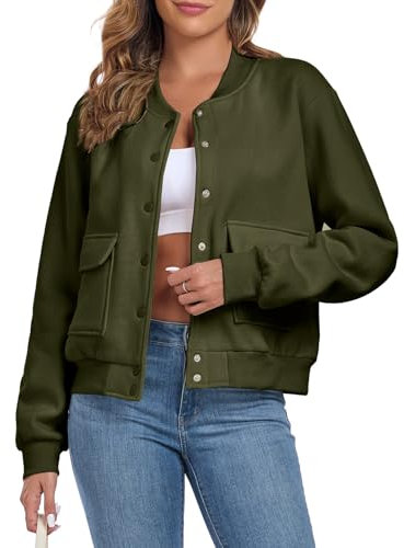 Cropped-Bomberjacke für Damen Übergangsjacke Langarm Solid Leichte Coat Kurze Blouson Pilotenjacke Casual Mantel mit Taschen Grün L