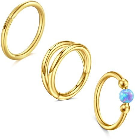 LAURITAMI 3 Stück Nasenpiercing Ring Chirurgenstahl 18G Dünn Nasenpiercing Ring Set,Opal Septum Clicker Ring,8/10mm Helix Conch Knorpel Tragus Nasenpiercing Schmuck