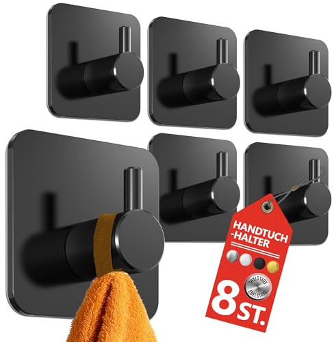 4smile Handtuchhalter ohne Bohren, 8 Stück in Schwarz - Wasserfeste Badezimmer Handtuchhalter, Edelstahl Haken, Klebehaken für Bad, Küche - Extra-starke Haken selbstklebend, Handtuchhaken