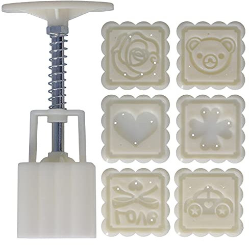OKJHFD Mooncake Mould Press,Hand‑Pressed Mooncake Mould Set with 6 Stamps,Flower Biscuit DIY Baking Mould Tools for Cake Mooncake Dessert 50g