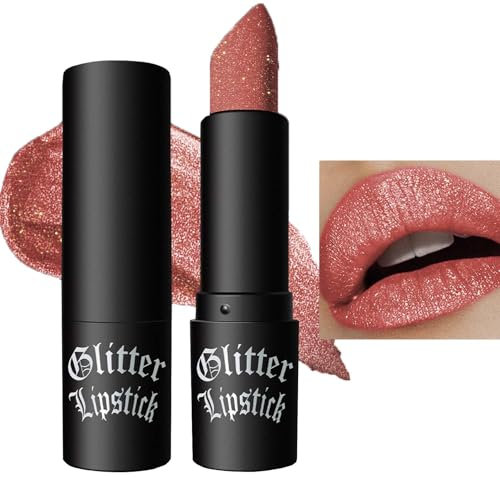 Glitzer Lippenstift, Perlglanz Lipstick Rot, Shimmer Lipstick, Diamond Glitter Lippenstift 24 Stunden Halt, Langanhaltende, Highly Pigmented, Non-Stick Cup Lip Stick für Fraue (02Rot)