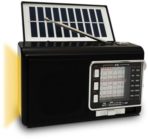 Poste Radio Portable avec Panneau Solaire & 1200mAh Battery, Récepteur AM/FM/SW1-6 avec 8W Haut-Parleur/TWS/USB/TF/Torche, Bluetooth Radio a Pile pour Camping/Urgence/Extérieur