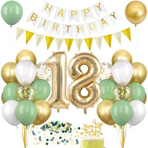Deko 18. Geburtstag Salbeigrüne, Luftballons 18 Geburtstag Deko Set Grün Weiß Gold, Ballon 18 mit Banner Tortendeko, Happy Birthday Girlande für Mädchen Junge 18 Jahre Geburtstagsdeko