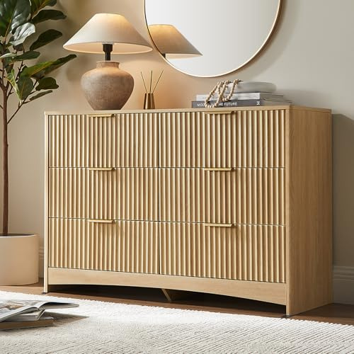 Pipishell Fluted Dresser for Bedroom, Wide Wooden Dresser with 6 Deep Drawers, Closet Storage Organizer with Round Corner & Pre-Installed Slides, Modern Chests of Drawers for Bedroom, Natural Oak