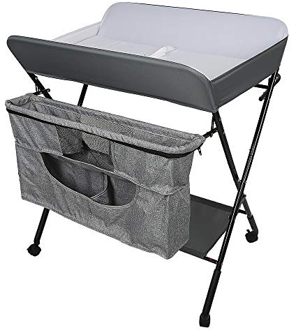 homewell Baby Klappbar Wickelkommode, Baby Wickelkombi Höhenverstellbar, mit Rollen, Sicherheitsgurt und Ablagefächern, Platzsparend, 80 * 65 * 99cm (Grau+Schwarz)