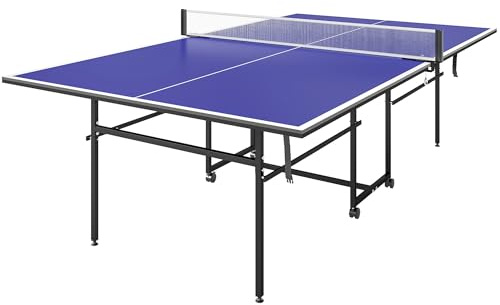 SPORTNOW Table de Tennis de Table, Table de ping-Pong Pliable, compacte, avec 4 roulettes, pour intérieur, 274 x 152,5 x 75,5 cm, Bleu