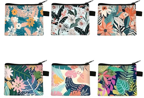 Syrvnto Mynthållare för Kvinnor, 6 Stycken Tropiskt Tryck Myntväska Med Dragkedja, Bärbar Myntväska Färgglada Mini-Plånböcker Med Blommönster Mynt, Läppstift, Nycklar
