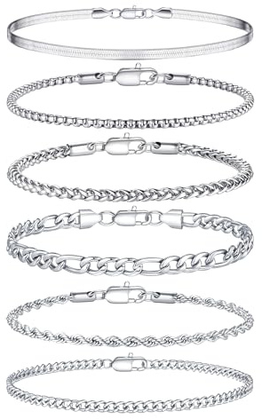TINGN 6 Stück Edelstahl Armband Herren Silber Armbänder für Herren Figaro Schlangen Seil Kette Armband Set Schmuck Weihnachtengeschenk für Männer ihn Vater Freund Ehemann 7.5 Zoll