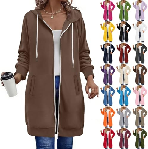 GOHRSHA Travel Outfits for Women Long Hoodies for Women Full Zip Up Pullover Tunic Sweatshirts with Pockets Trendy Fall Winter Clothes Y2K Cruise Essentials Coffee