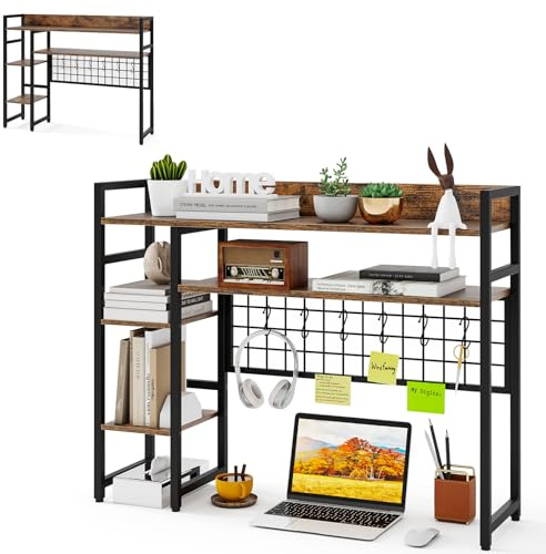 HOMASIS 4-stufiges Schreibtischregal mit 6 Haken & Gitter, Tischregal aus Holz & Metall, Tischorganizer für Monitore, Bücherregal mit Kippsicherung, Schreibtisch Aufsatzregal für Büro (Braun)