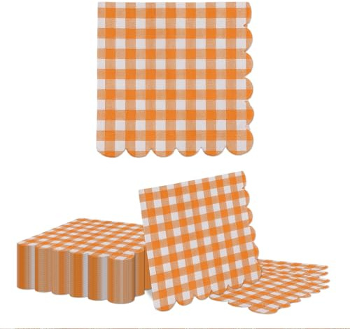 Kotkiddy 40 Stück Papierservietten Orange Kariert mit Wellenrand Einwegservietten 33 x 33 cm Tischdeko Partydeko für Geburtstag Hochzeit Baby Shower Feier