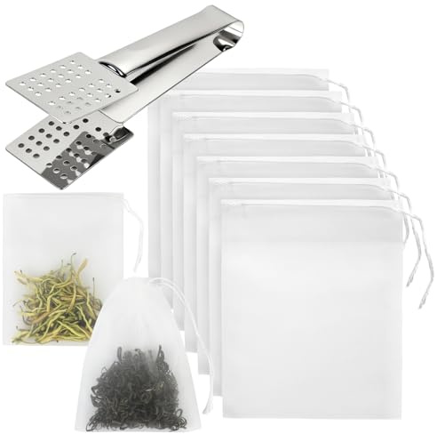 100pcs Reusable Tea Bags with 1pcs Tea Bag Squeezer Tongs,8 x 10cm Nylon Tea Coffee Filter Bags with Drawstring(White)